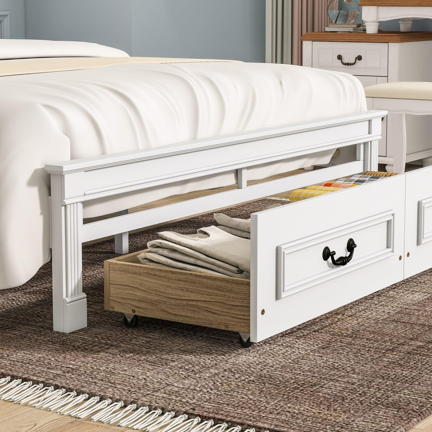 Farmhouse Bed Frame with Storage Drawers & LED Lights | Solid Pine Wood