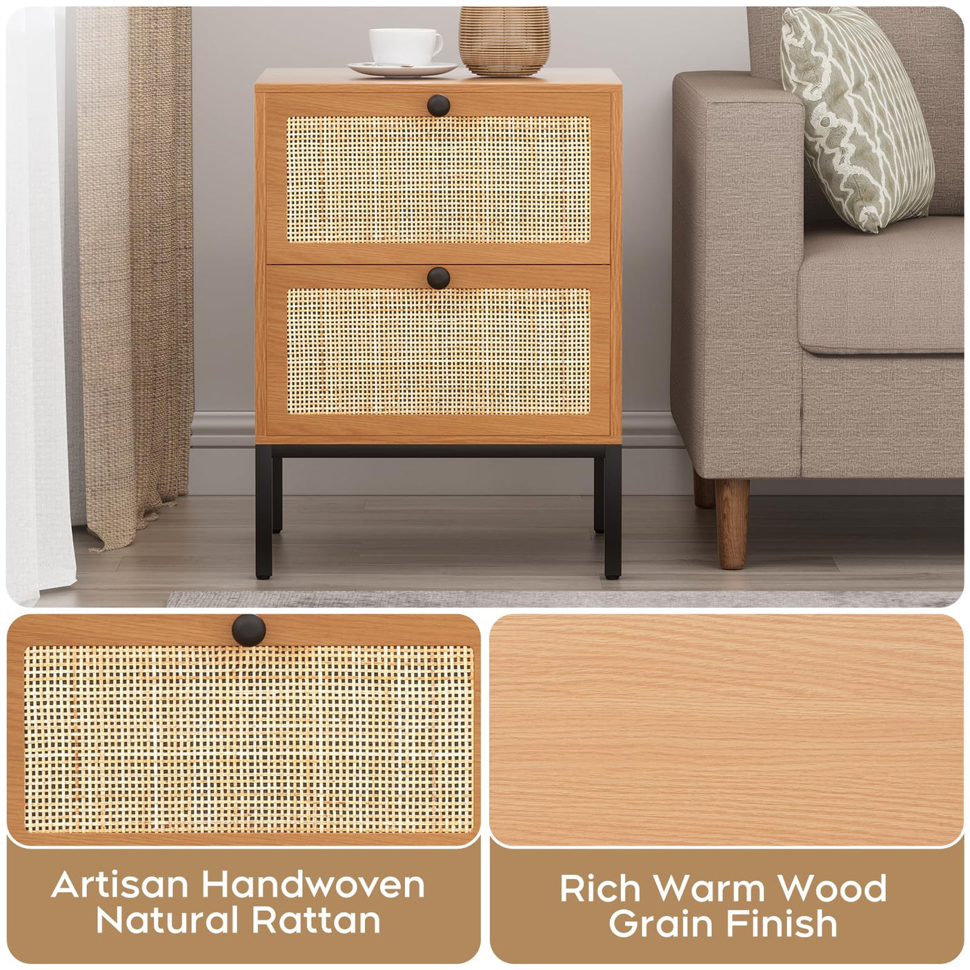 Yechen Rattan Nightstands Set of 2, 2-Drawer Boho Bedside Tables with Metal Legs