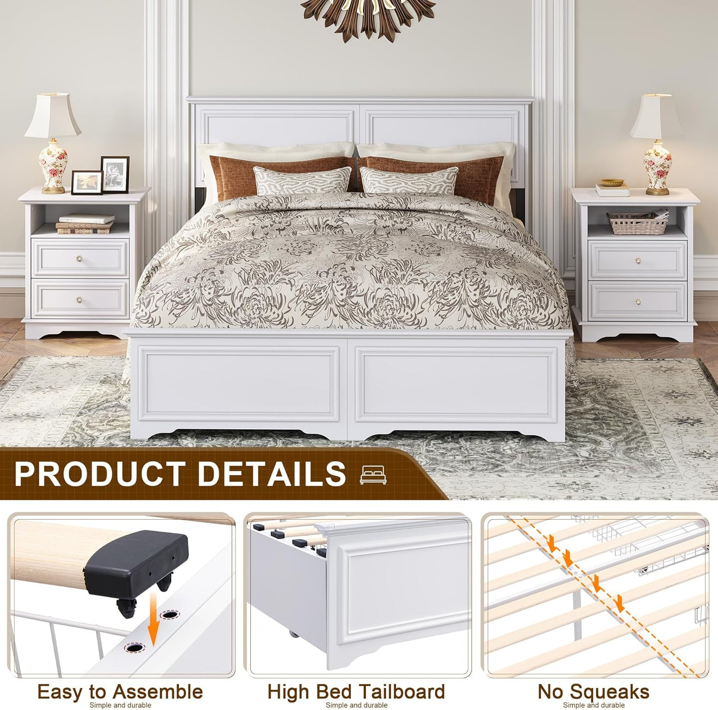 Farmhouse Queen Size Bed Frame with 4 Storage Drawers