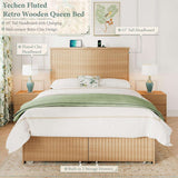 Retro Fluted Queen Bed Frame with 55" Tall Headboard and Storage Drawers