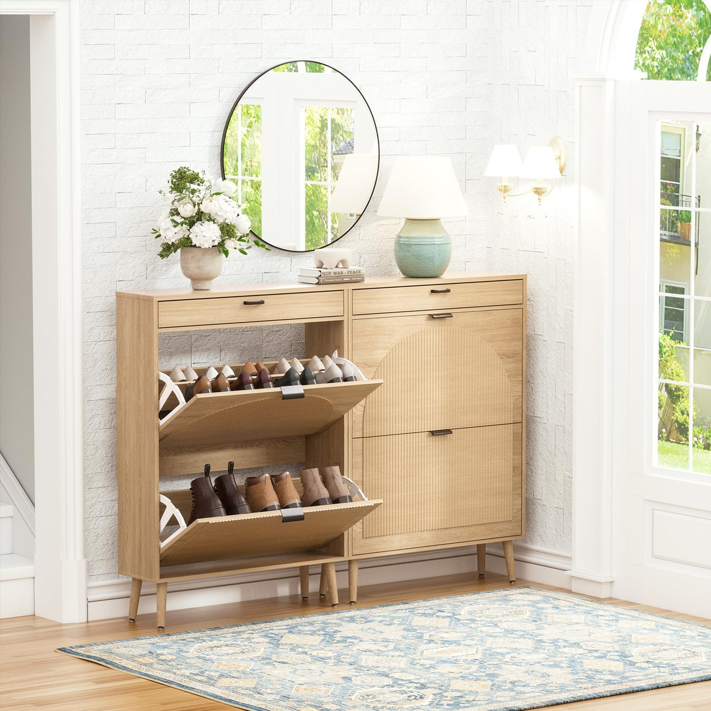 Slim Fluted Shoe Cabinet with Flip Drawers | Entryway Shoe Organizer | Walnut & Natural Oak