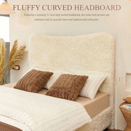 Boho Boucle Cloud Upholstered Platform Bed - Fluffy Soft Bed Frame with Rounded Corners