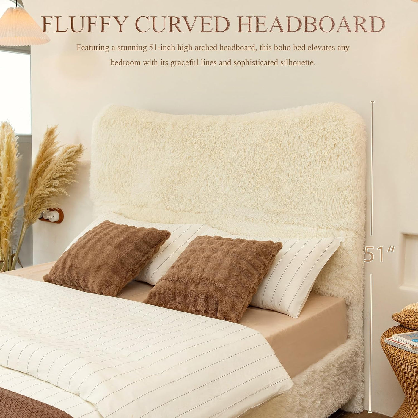 Boho Boucle Cloud Upholstered Platform Bed - Fluffy Soft Bed Frame with Rounded Corners