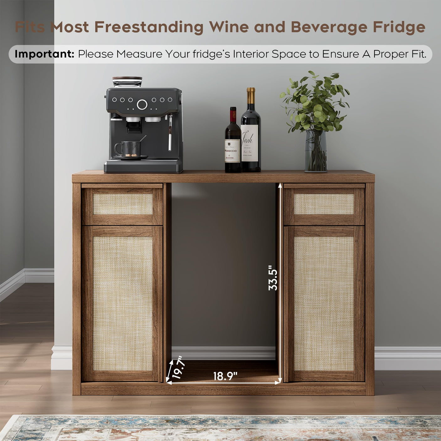 Rattan Coffee Bar Cabinet with Mini Fridge Space - Boho Sideboard with Wine Storage
