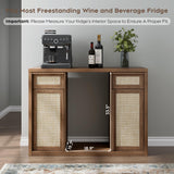 Rattan Coffee Bar Cabinet with Mini Fridge Space - Boho Sideboard with Wine Storage