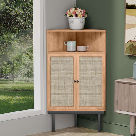 4-Tier Rattan Doors Corner Storage Cabinet