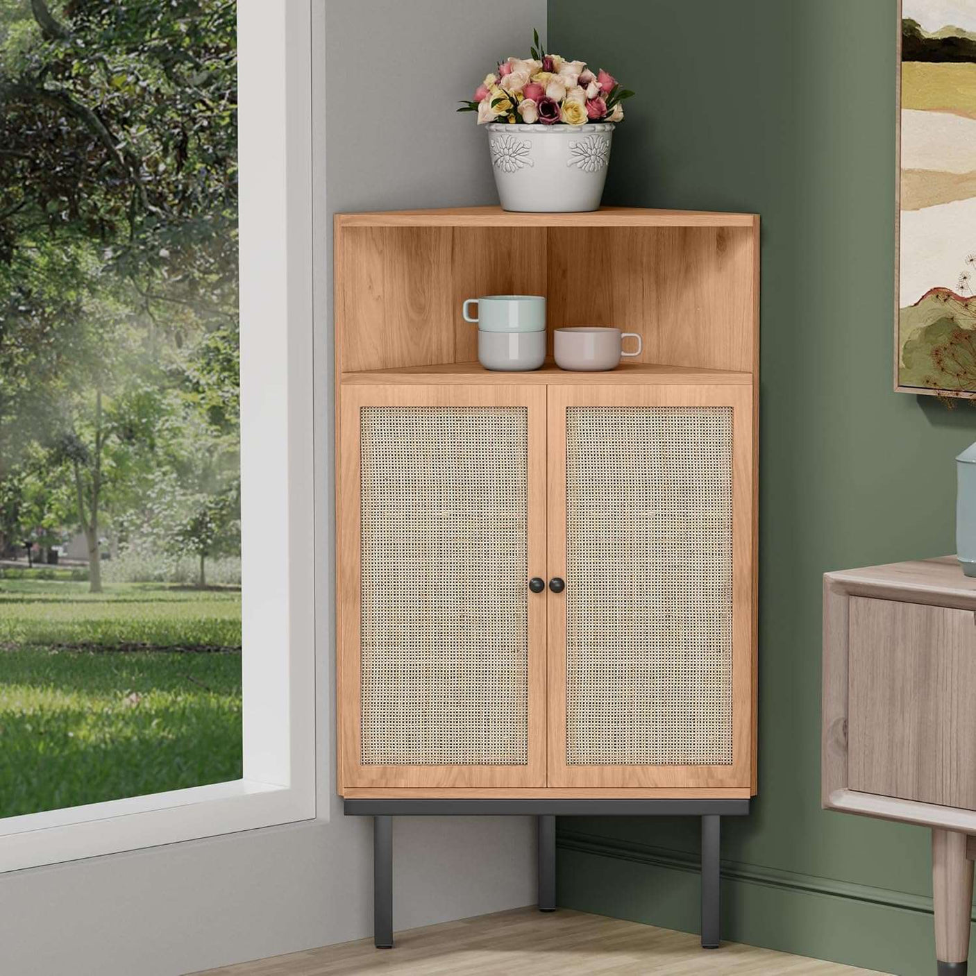 4-Tier Rattan Doors Corner Storage Cabinet