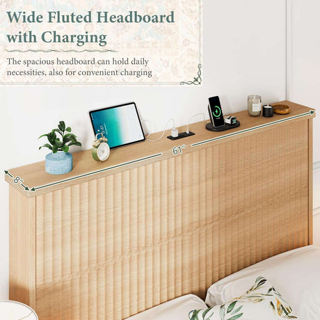 Retro Fluted Queen Bed Frame with 55" Tall Headboard and Storage Drawers