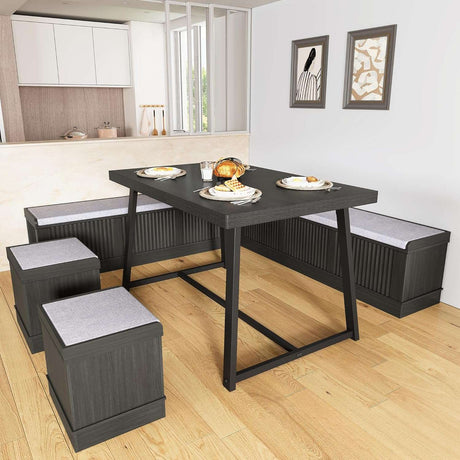 47 Inch Corner Dining Table Set with Storage Stool and Storage Bench