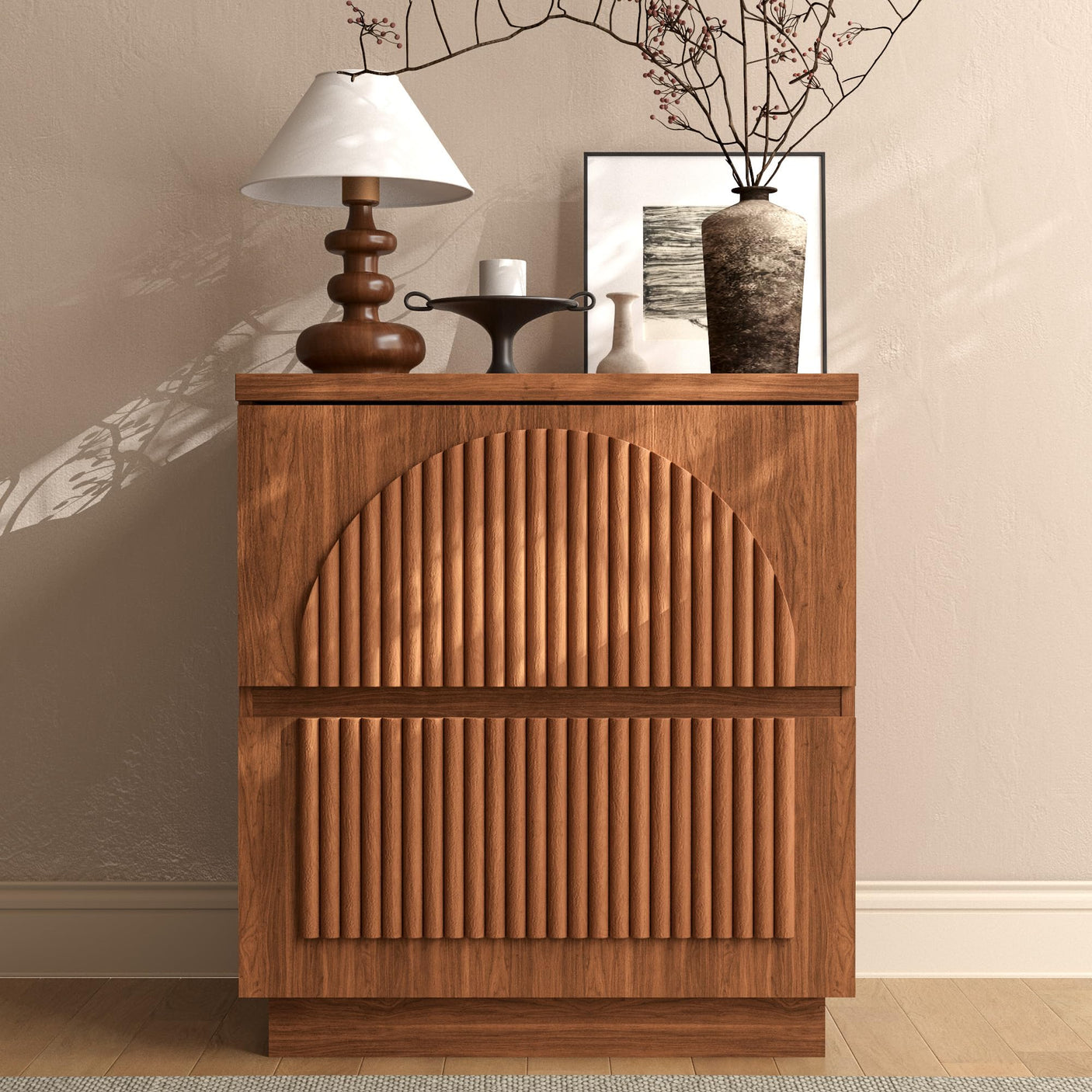 Yechen Modern Fluted Nightstand with Storage, Arched Reeded Night Stand with Charging Station, Bedside Table for Bedroom, Walnut