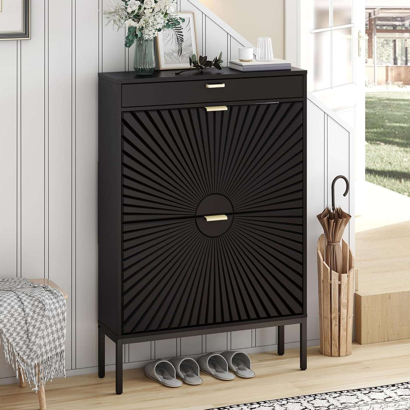 Slim Entryway Shoe Organizer with Half-Circle Doors