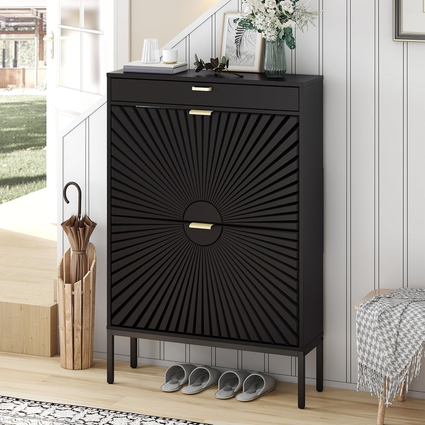 Slim Entryway Shoe Organizer with Half linear Circle Doors