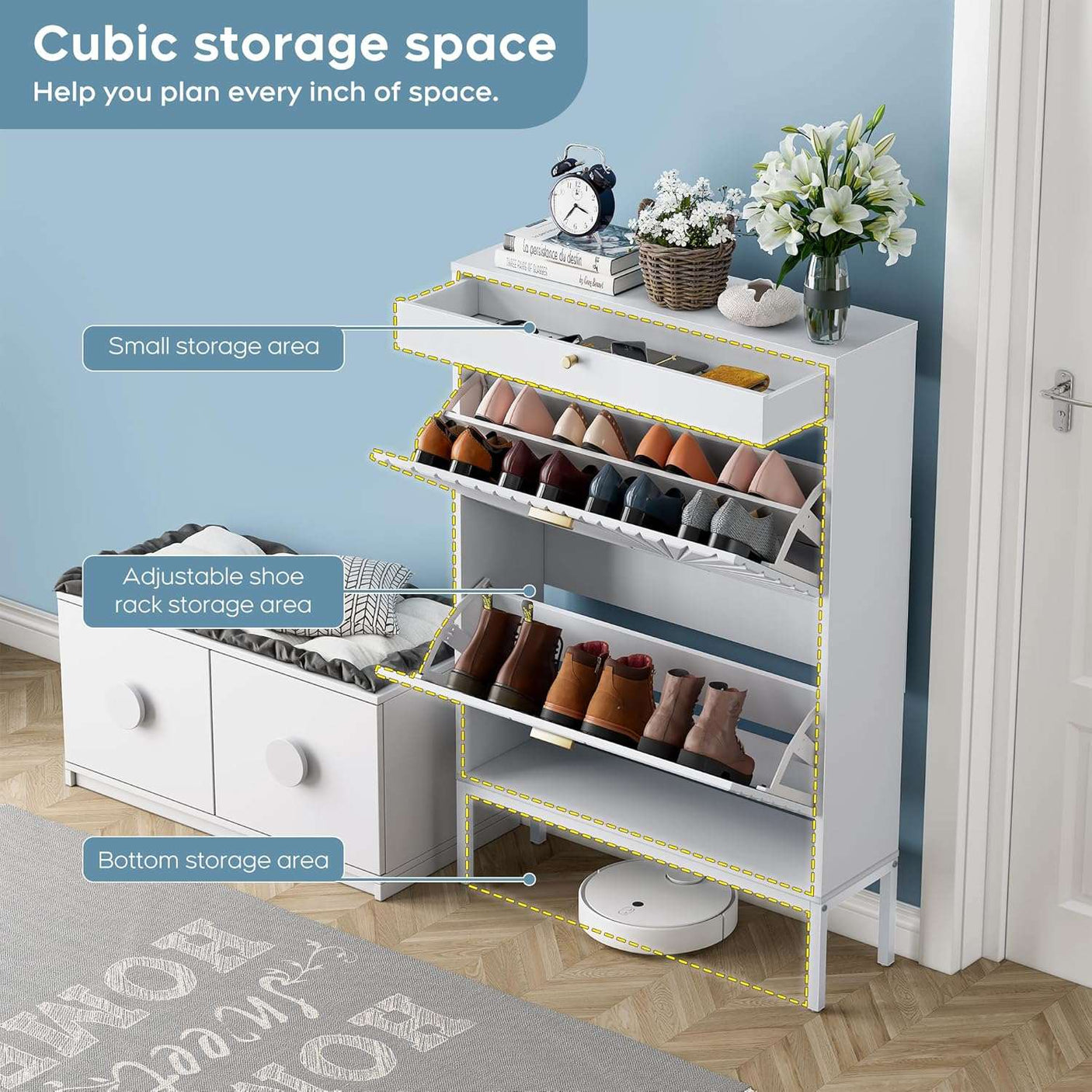 Slim Entryway Shoe Organizer with Half-Circle Doors