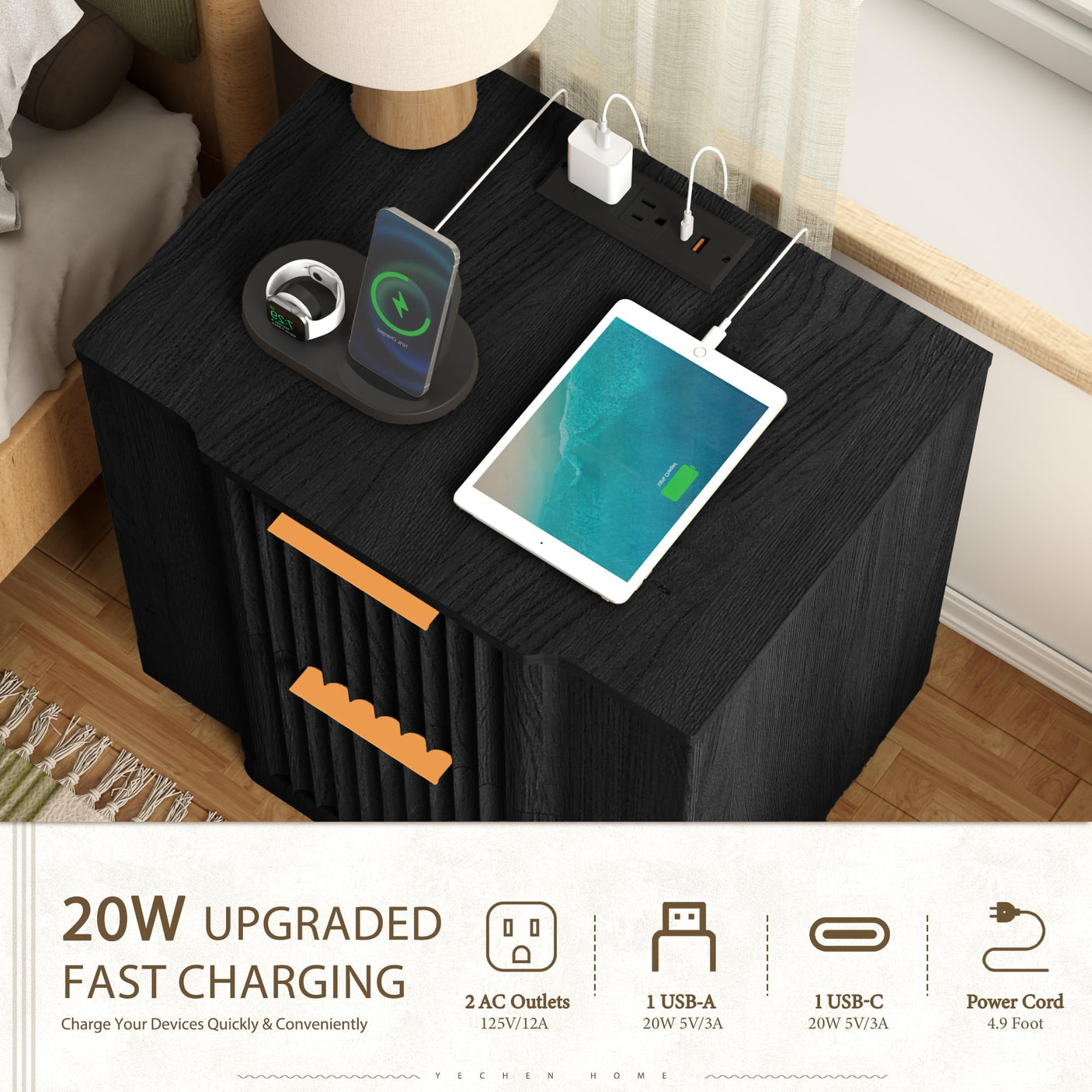 Yechen Fluted Wood Nightstand with 20W Fast Charging – 2-Drawer Bedside Table, Black