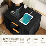 Yechen Fluted Wood Nightstand with 20W Fast Charging – 2-Drawer Bedside Table, Black