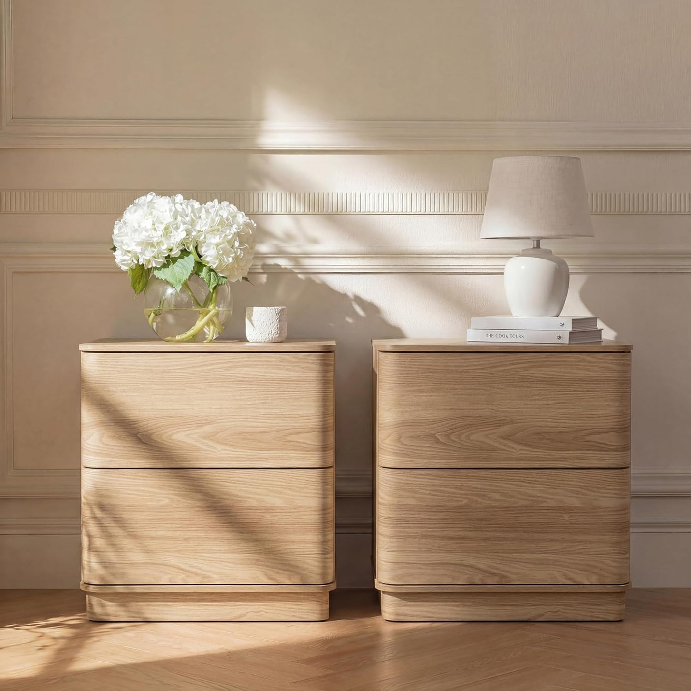 Nightstand with 2 Push to Open Drawers & Hidden Compartment | 22'' Curved Bedside Table | Mid-Century Modern