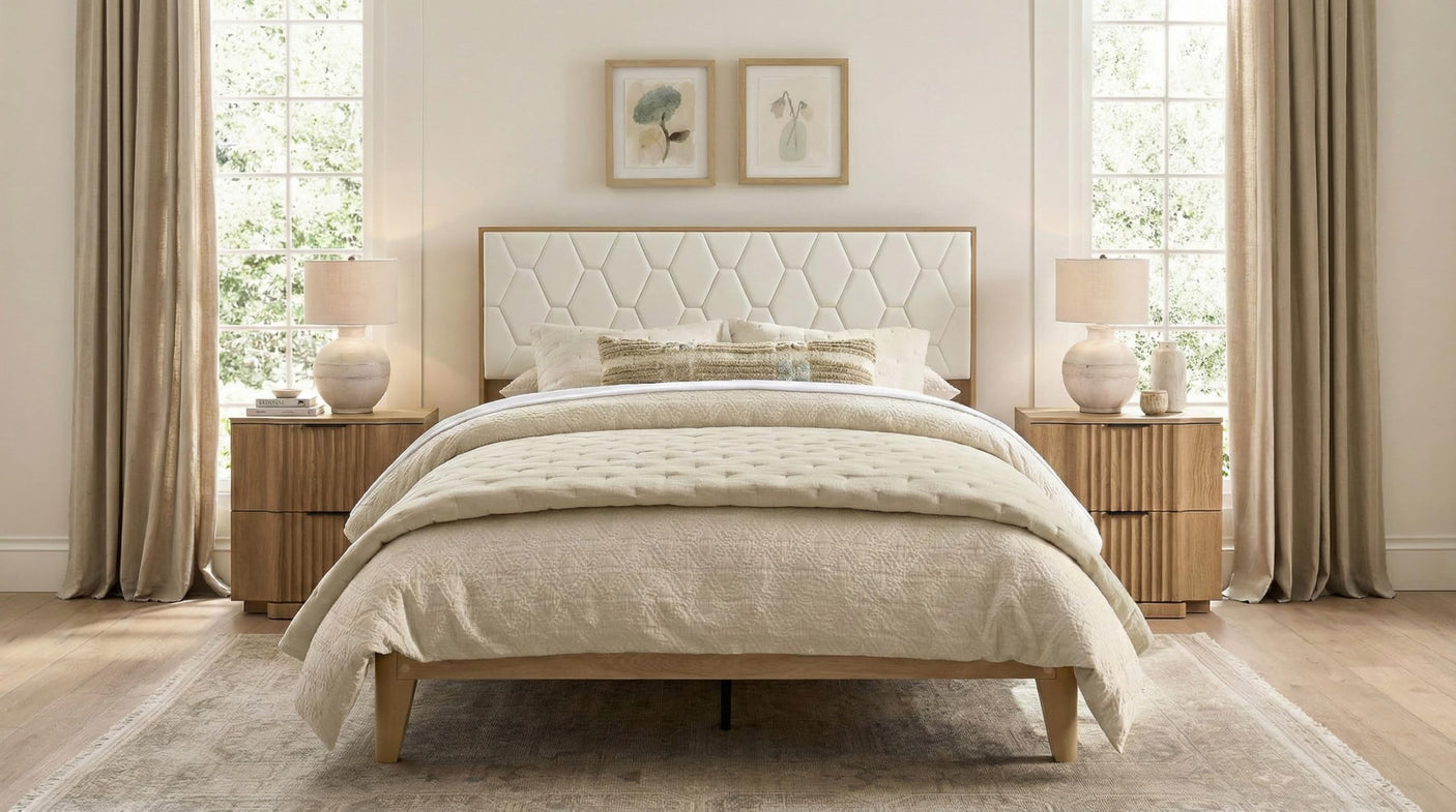 Yechen Diamond Headboard Platform Bed Frame | Boho Wood-Look, No Box Spring Needed