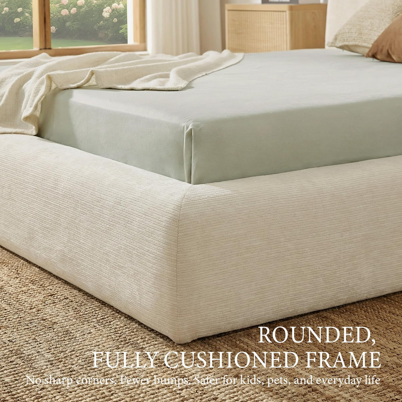 Yechen Cloud Bed Frame | Ribbed Chenille Upholstered Bed with 5.9" Padded Headboard | Queen & King