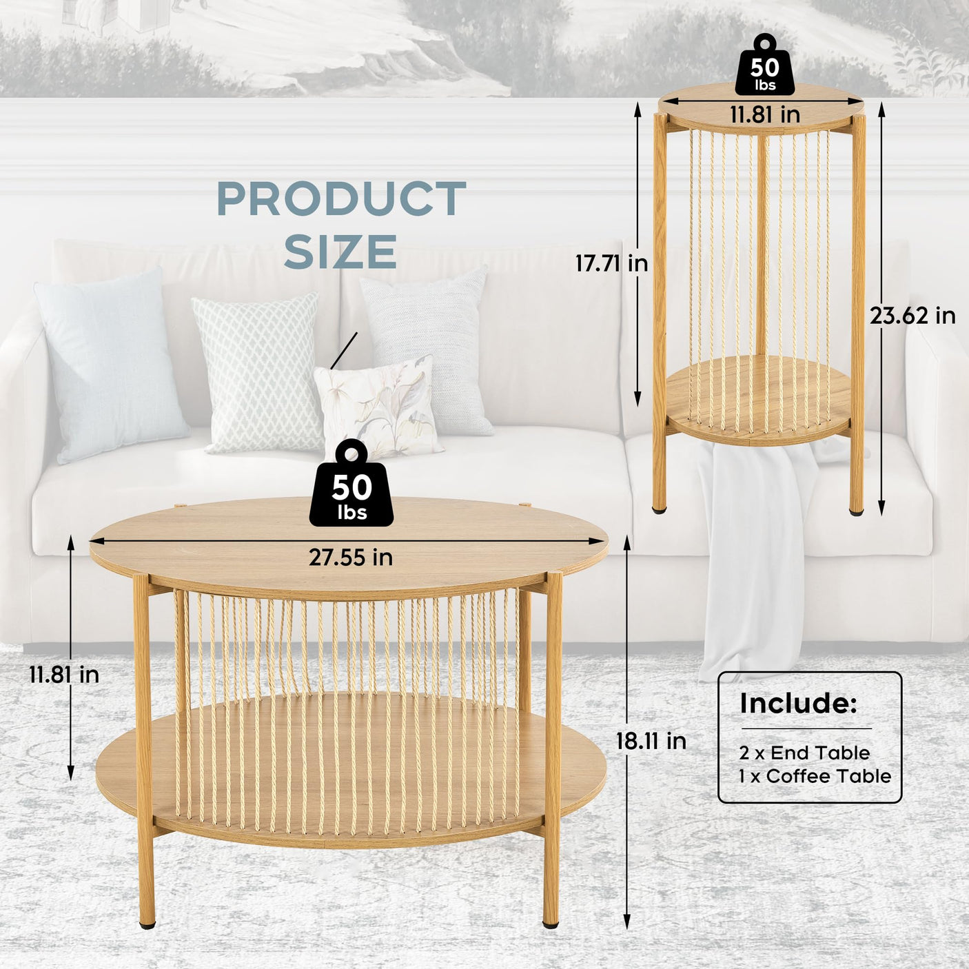 Yechen Boho Coffee Table Set of 3 – Hand-Woven Natural Rope, 2-Tier Round Wood Top & Metal Frame | Living Room Side Tables