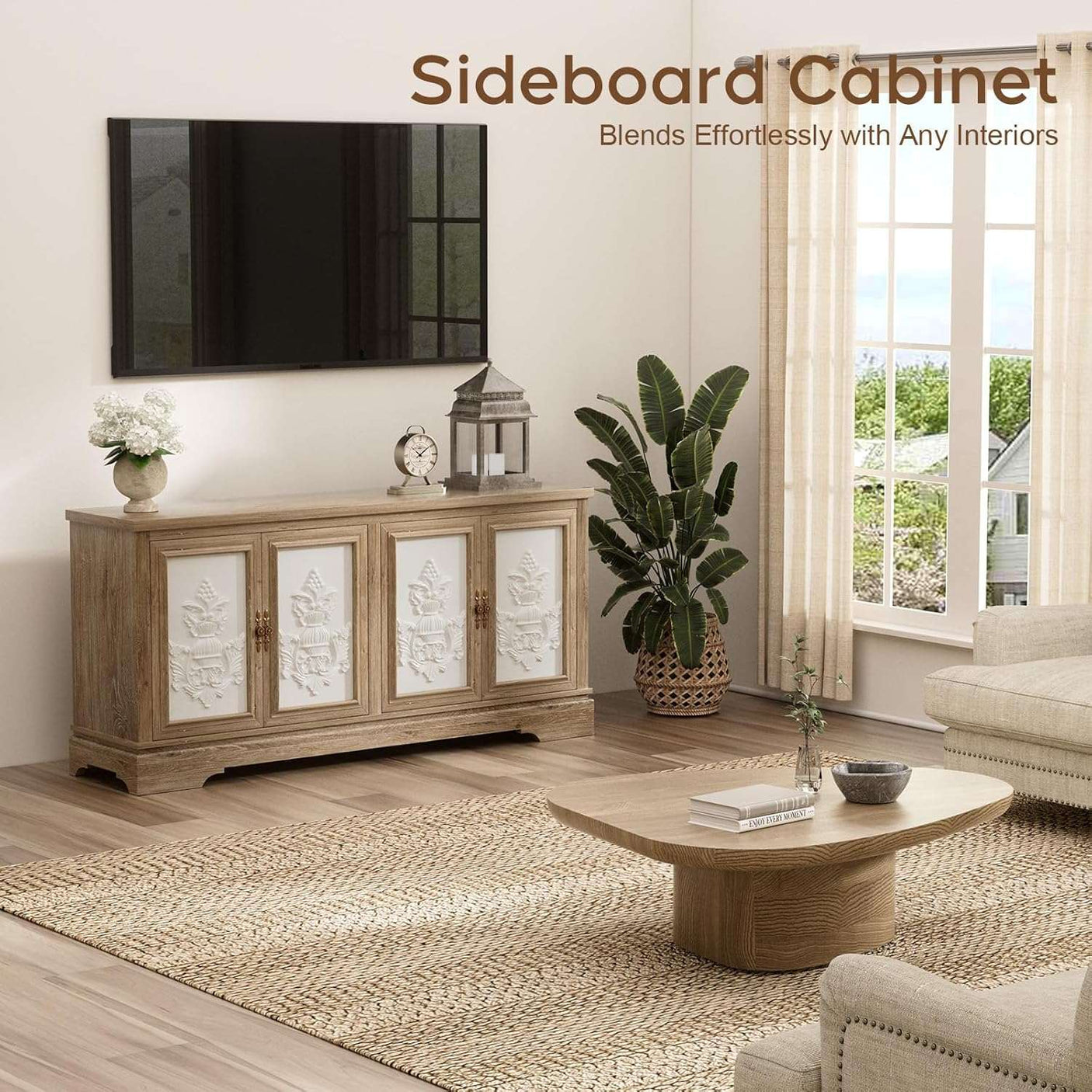 63" Farmhouse Accent Sideboard Buffet Cabinet with Painted 3D Decorative Doors