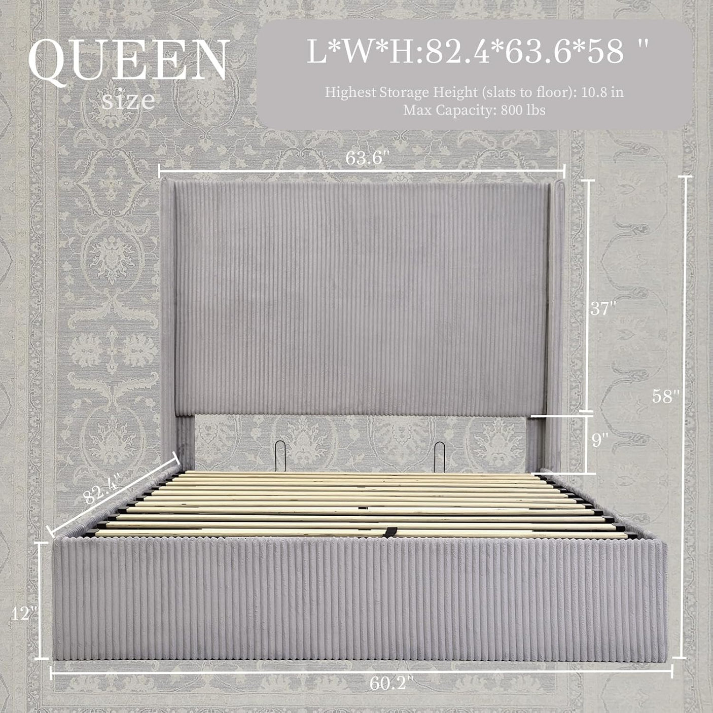 58" Tall Full Bed Frame with Lift Up Storage