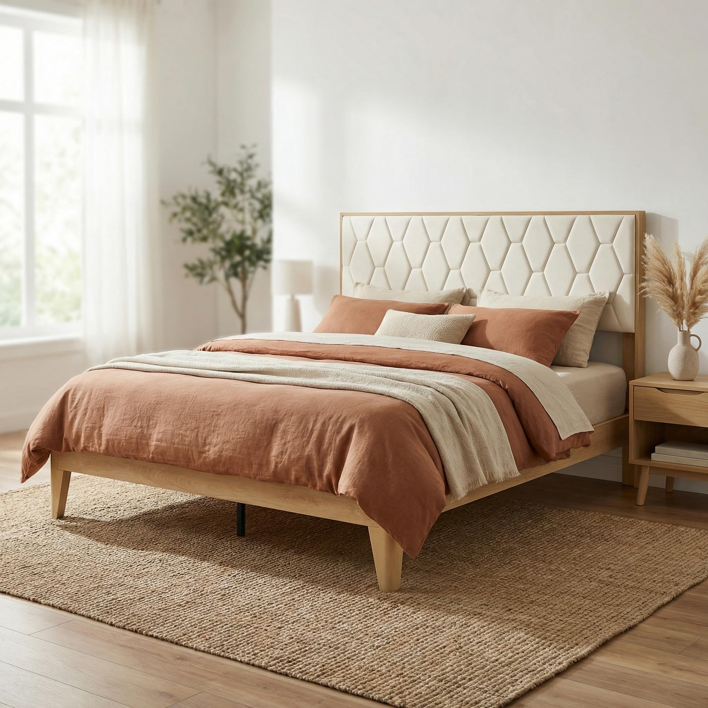 Yechen Diamond Headboard Platform Bed Frame | Boho Wood-Look, No Box Spring Needed