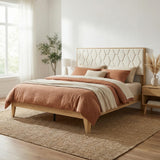 Yechen Diamond Headboard Platform Bed Frame | Boho Wood-Look, No Box Spring Needed