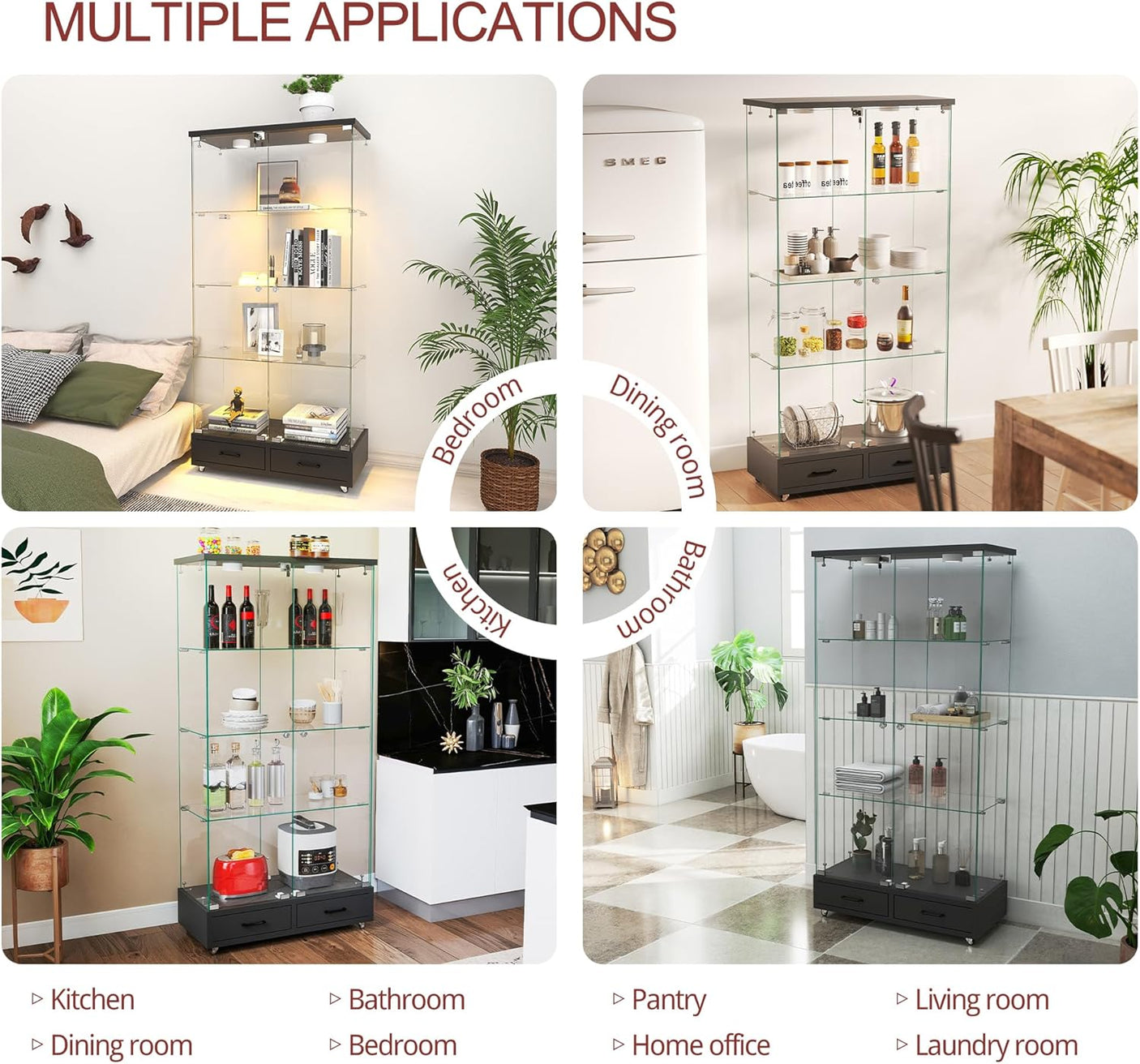 YECHEN Glass Display Cabinet with LED Lights | Double-Door Curio Cabinet with 2 Drawers