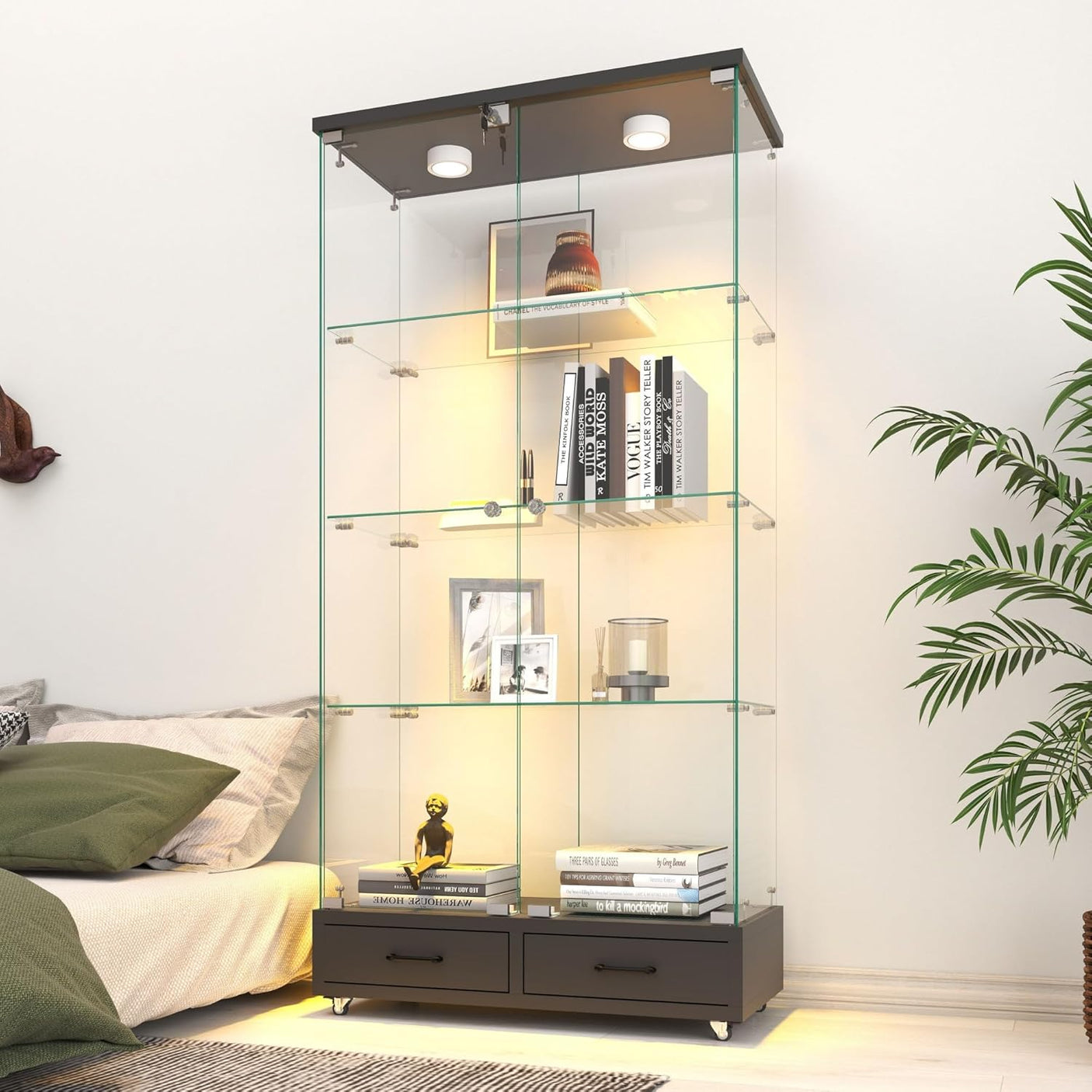 YECHEN Glass Display Cabinet with LED Lights | Double-Door Curio Cabinet with 2 Drawers