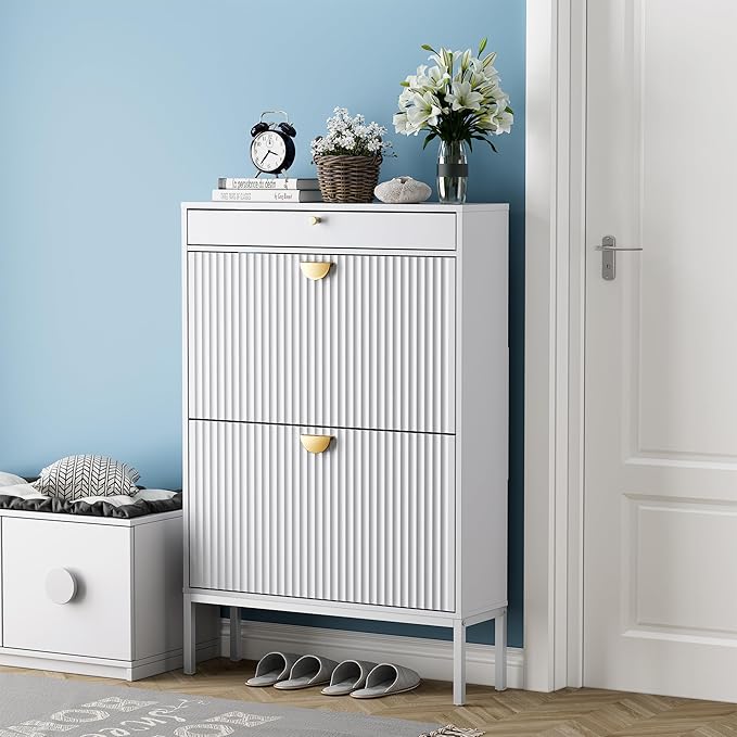Slim Entryway Shoe Organizer with Half linear Circle Doors