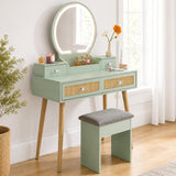 30" Vintage Makeup Vanity Table Set with Flip-Top Mirror & Rattan Drawers, Compact Dressing Table with Padded Stool