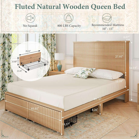 Retro Fluted Queen Bed Frame with 55" Tall Headboard and Storage Drawers