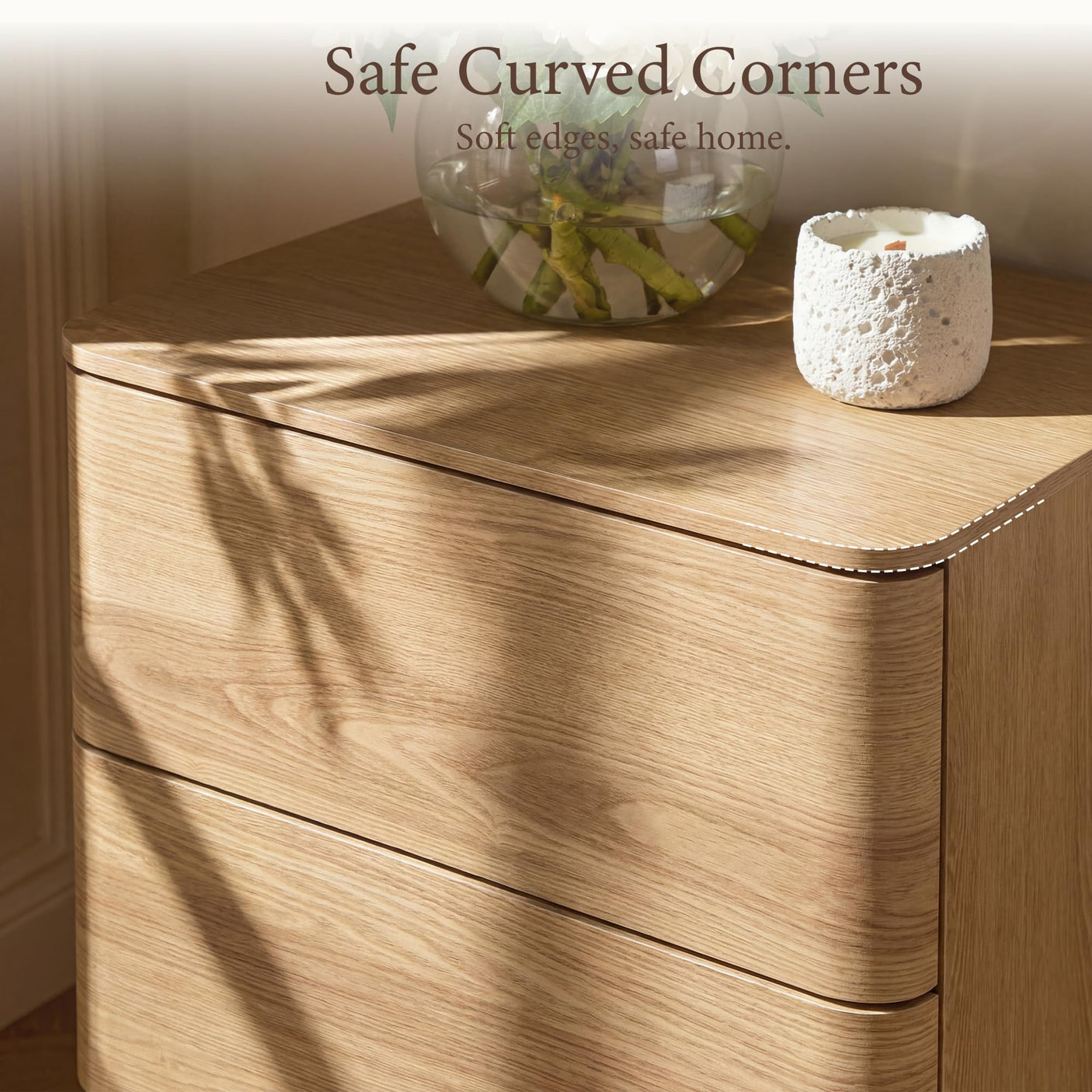 Yechen Natural Oak Nightstand — 2-Drawer Bedside Table with Hidden Storage