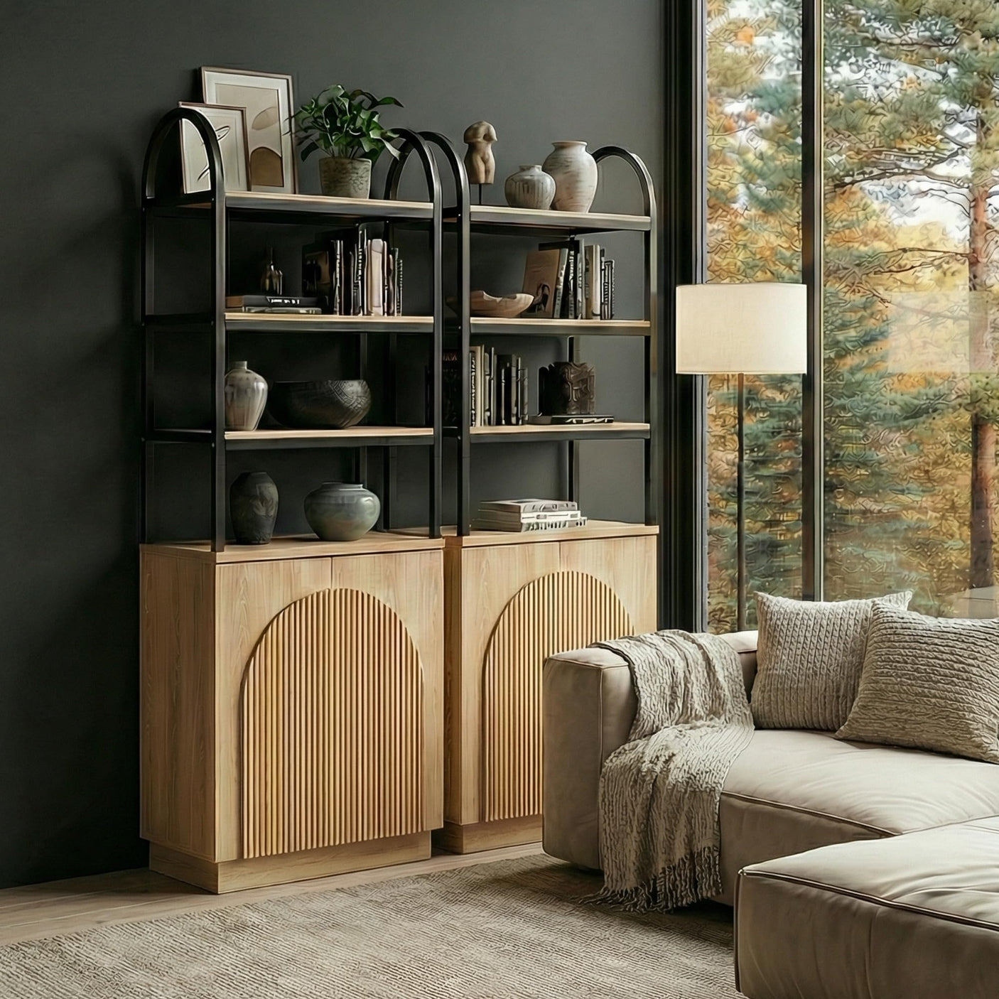 YECHEN Modern 71" Arched Bookcase with Reeded Design Doors | 7-Tier Tall Bookshelf with Storage Cabinet & Adjustable Shelves