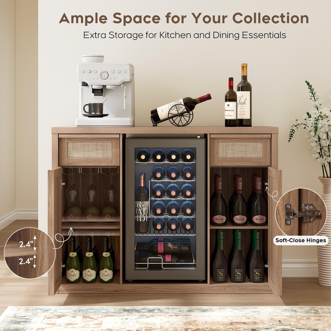 Rattan Coffee Bar Cabinet with Mini Fridge Space - Boho Sideboard with Wine Storage