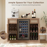 Rattan Coffee Bar Cabinet with Mini Fridge Space - Boho Sideboard with Wine Storage