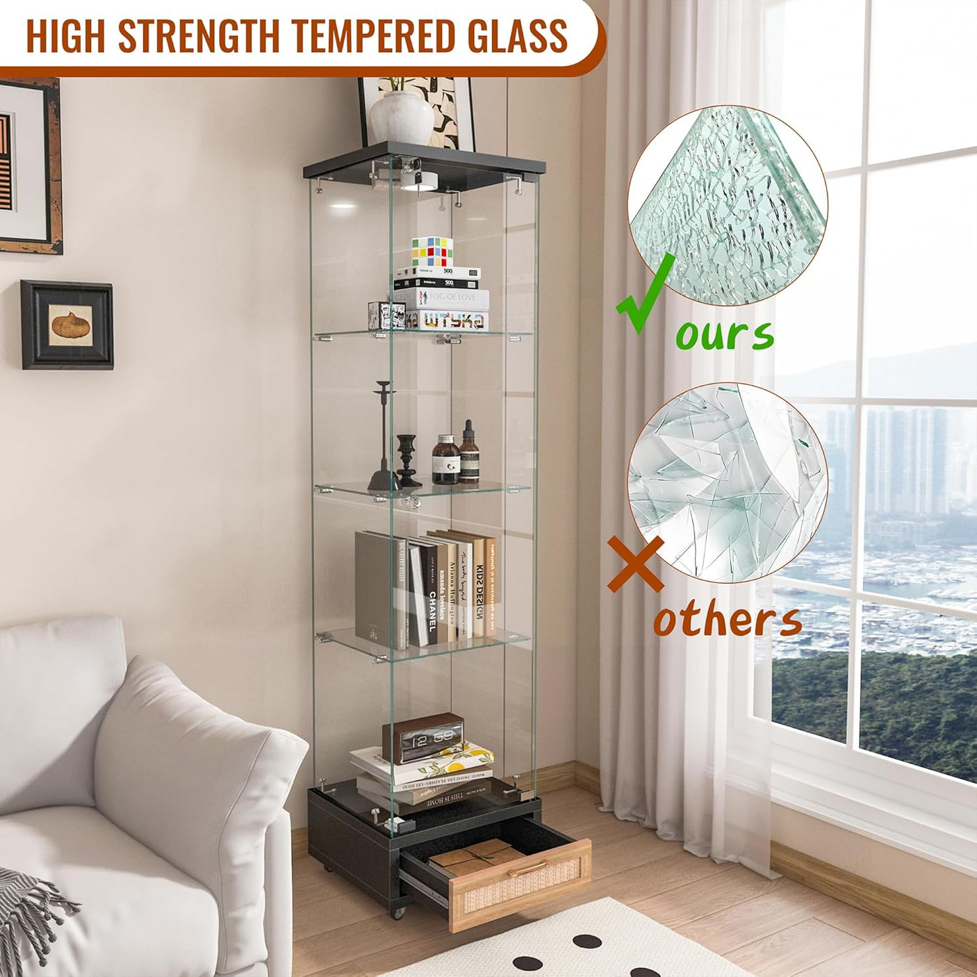 YECHEN Glass Display Cabinet with LED Lights | 4-Shelf Curio Cabinet with Drawer & Locking Door