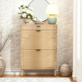Slim Fluted Shoe Cabinet with Flip Drawers | Entryway Shoe Organizer | Walnut & Natural Oak