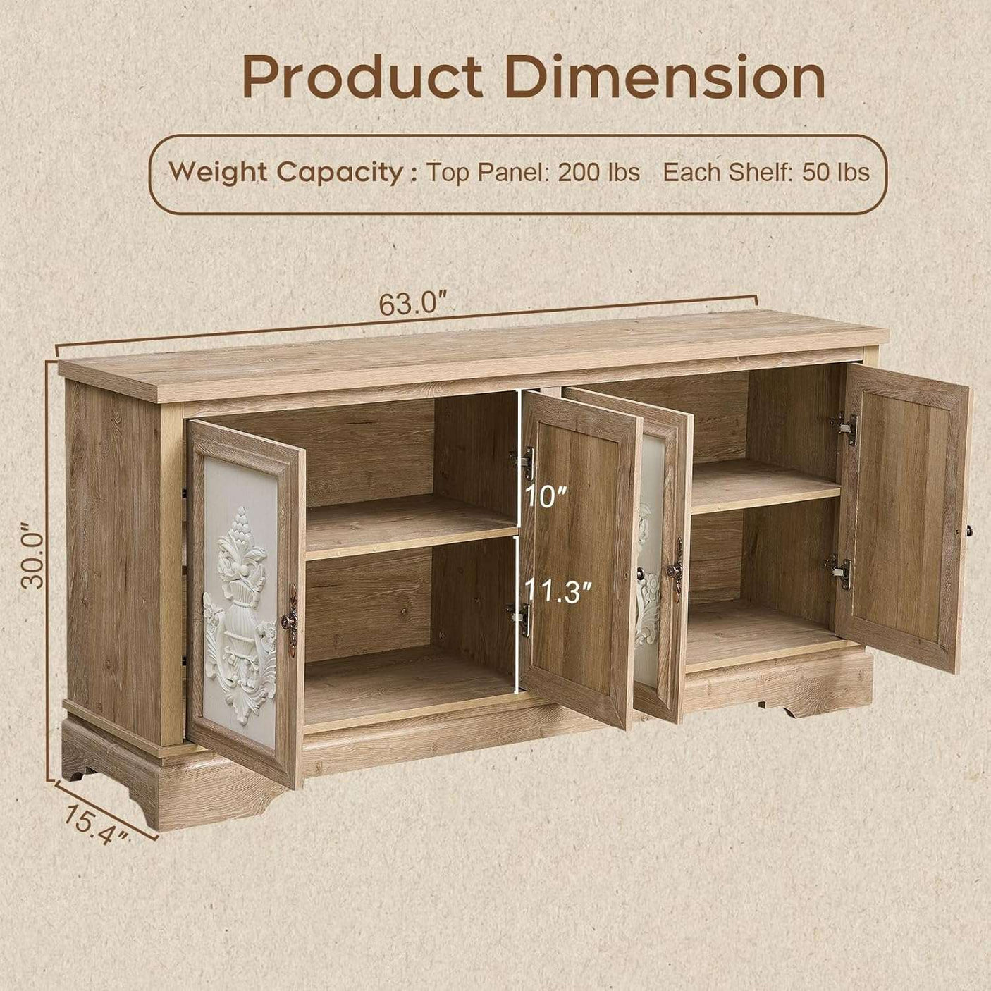 63" Farmhouse Accent Sideboard Buffet Cabinet with Painted 3D Decorative Doors