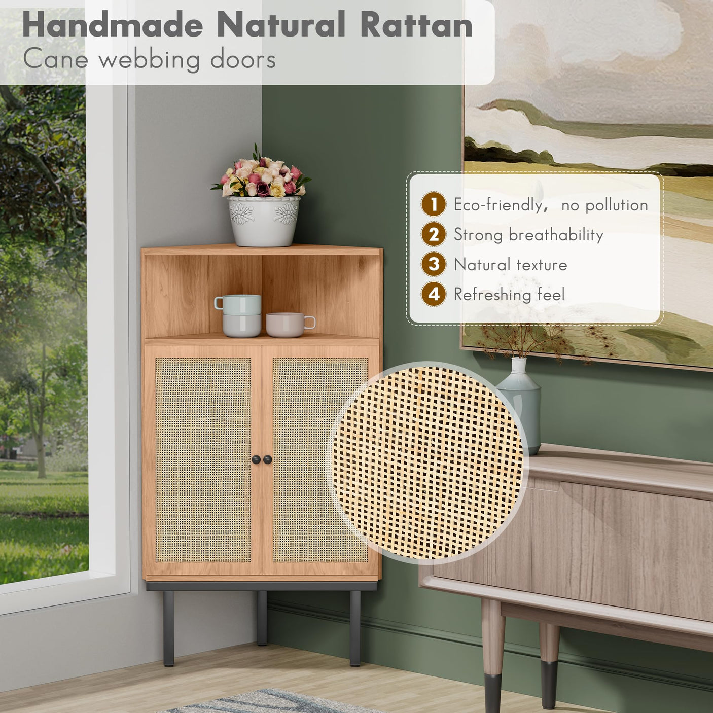 Corner Rattan Storage Cabinet with Adjustable Shelf - Boho Triangle Design