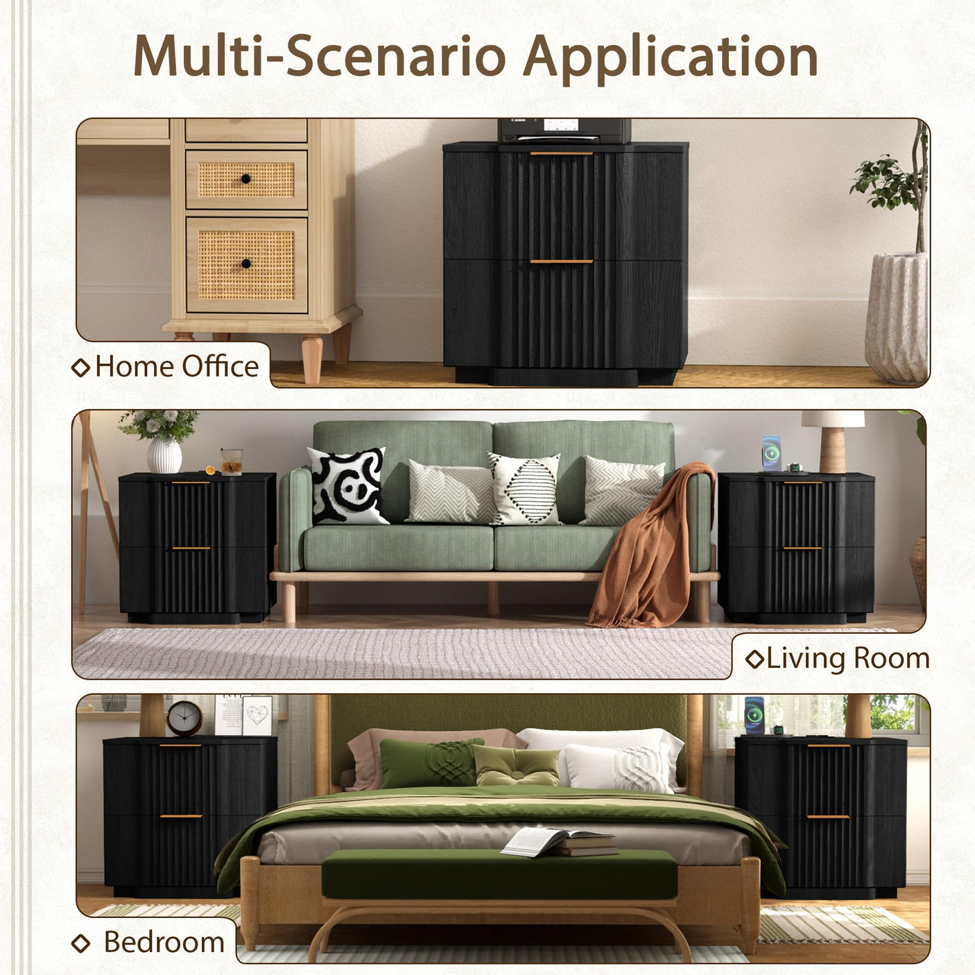 Yechen Fluted Wood Nightstand with 20W Fast Charging – 2-Drawer Bedside Table, Black
