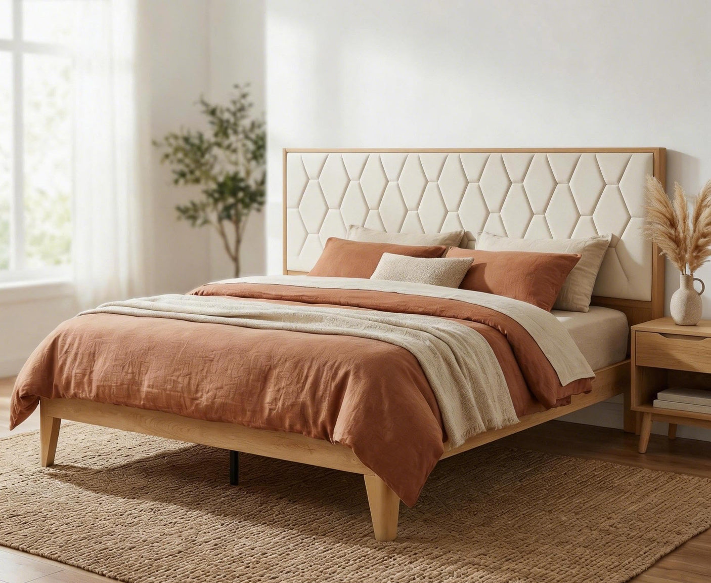 Yechen Diamond Headboard Platform Bed Frame | Boho Wood-Look, No Box Spring Needed