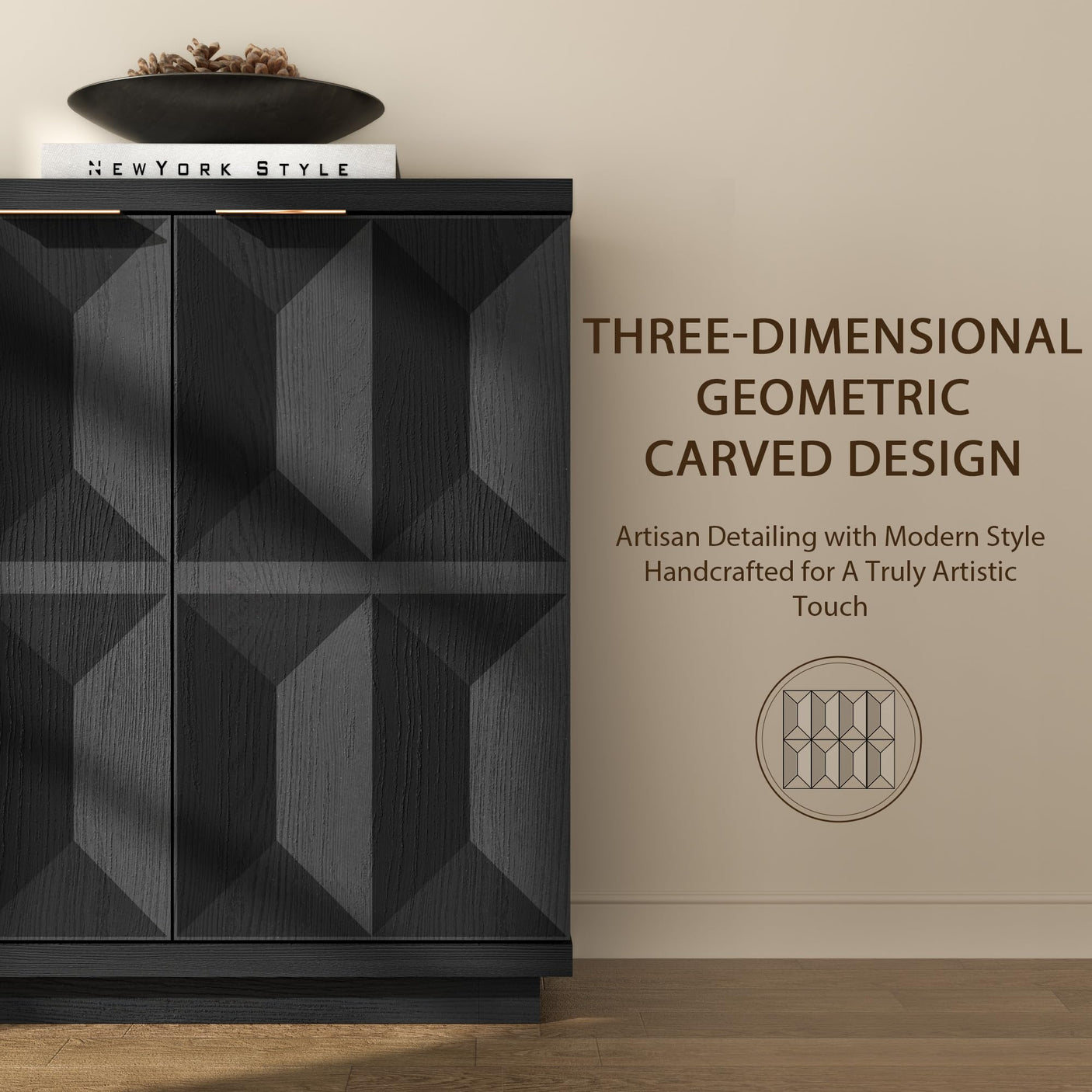 Yechen 59" Walnut Sideboard – Modern 3D Geometric Buffet Cabinet