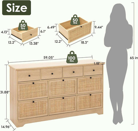 59" Wide Natural Rattan 9 Drawer Dresser