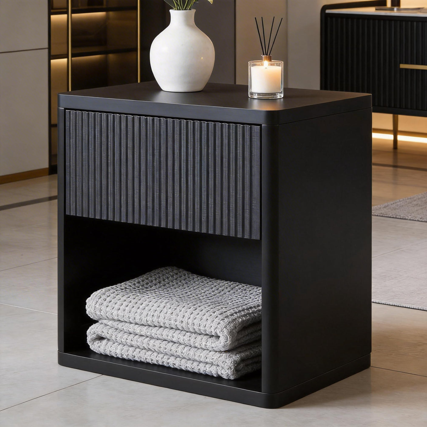 Yechen Fluted Nightstand | 22.8" Wide Mid-Century Bedside Table with Hidden Drawer & Open Shelf
