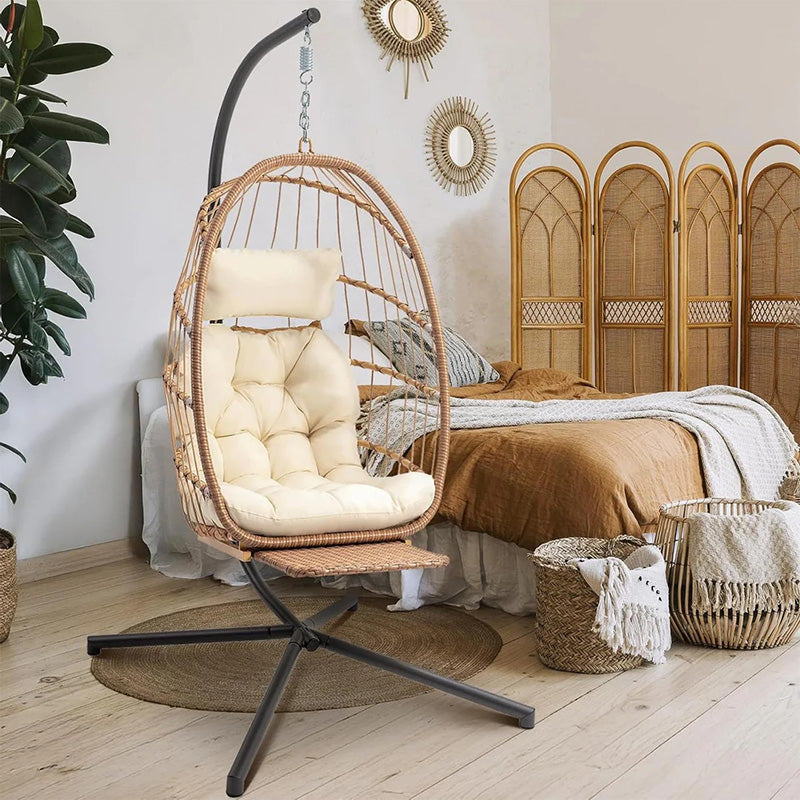 Luxurious Outdoor Egg Hanging Chair with Stand - All-Weather Rattan Swing for Patio & Bedroom