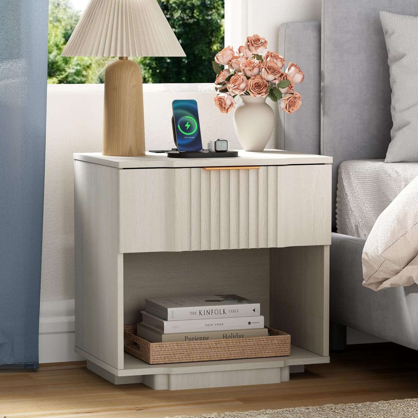 Fluted Night Stand with 20W Fast Charging Station