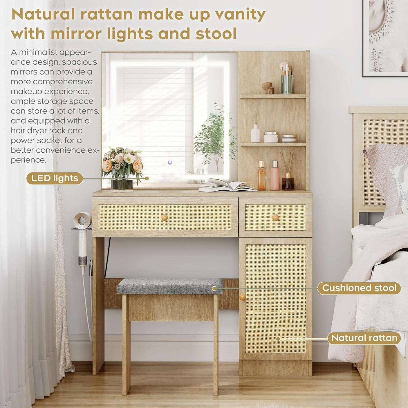 Rattan Vanity Desk with LED Lights Mirror and Chair