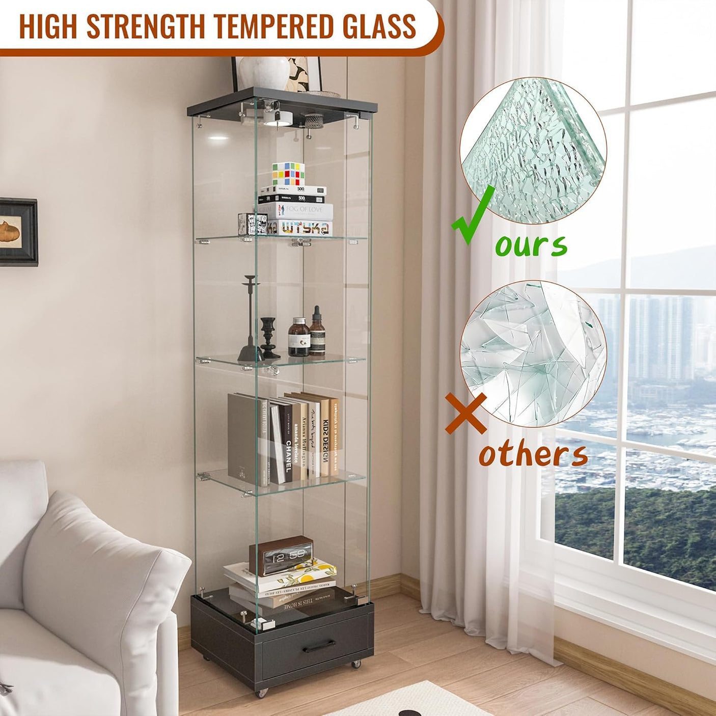 YECHEN Glass Display Cabinet with LED Lights | 4-Shelf Curio Cabinet with Drawer & Locking Door