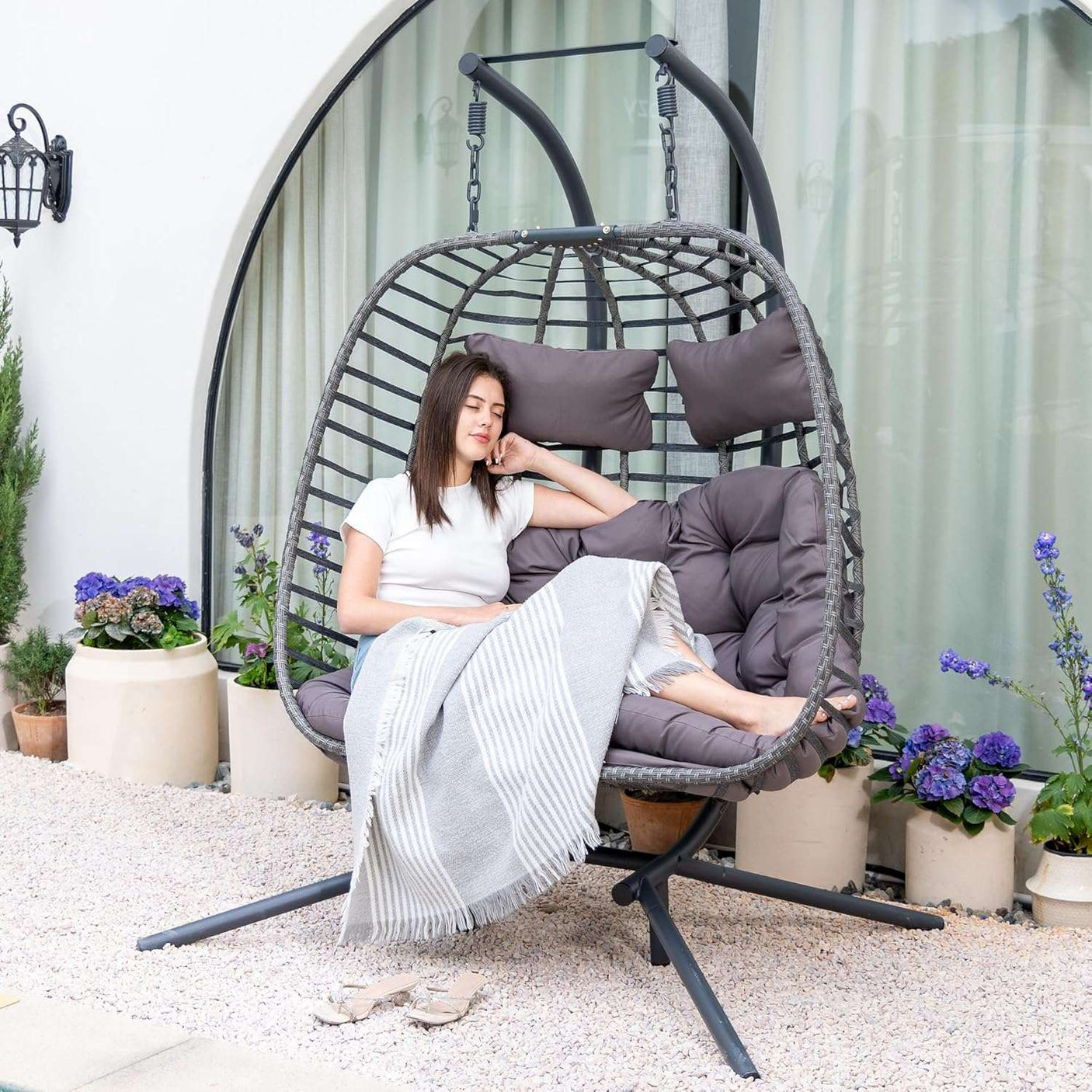 Double Egg Swing Chair with Stand for Outdoor